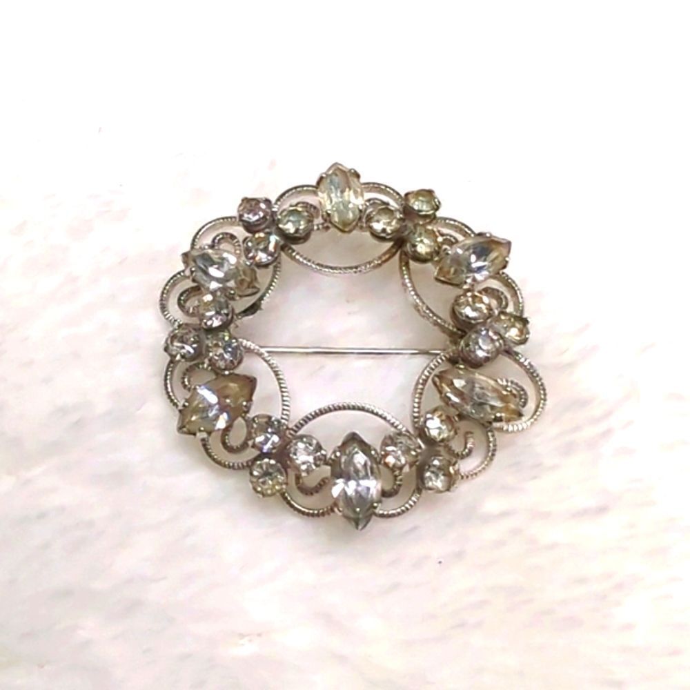 Vintage Sterling Silver and Clear Rhinestone Circle Brooche